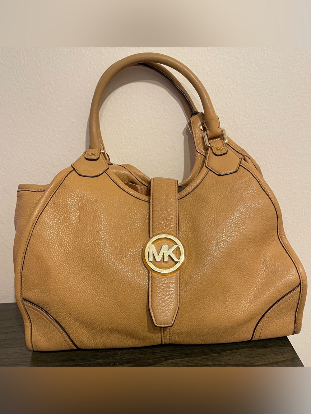 Michael Kors Camel Leather Shoulder Bag with Gold MK Emblem